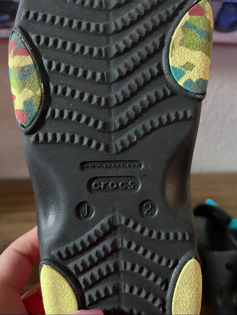 CROCS Black Kids Sandals with Red, Yellow and Teal Straps